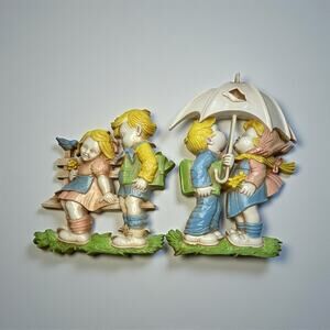 1978 Homco Wall Hanging Plaques Set of 2 School Kids Umbrella Bench Retro Decor